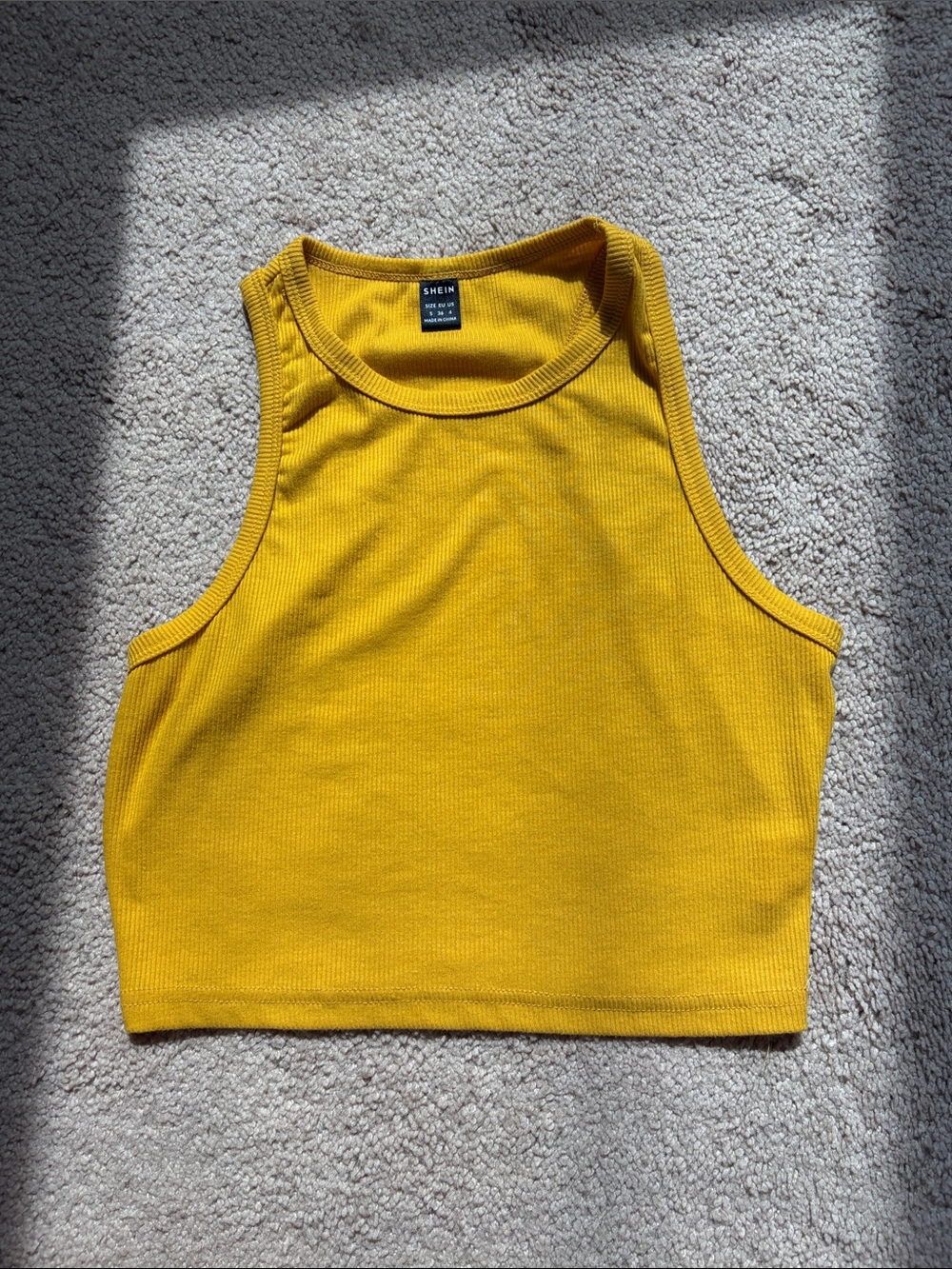 SHEIN Mustard Yellow Ribbed High Neck Crop Tank